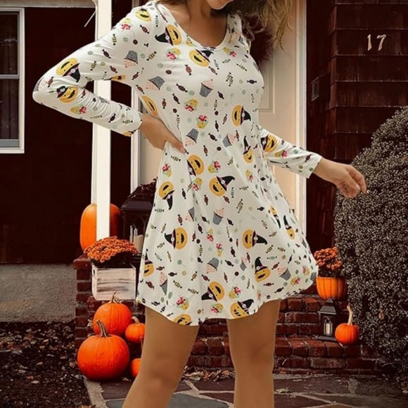 Aphratti Long Sleeve Halloween Print Swing Short Dress in Candy Print Size XXL - Picture 1 of 6